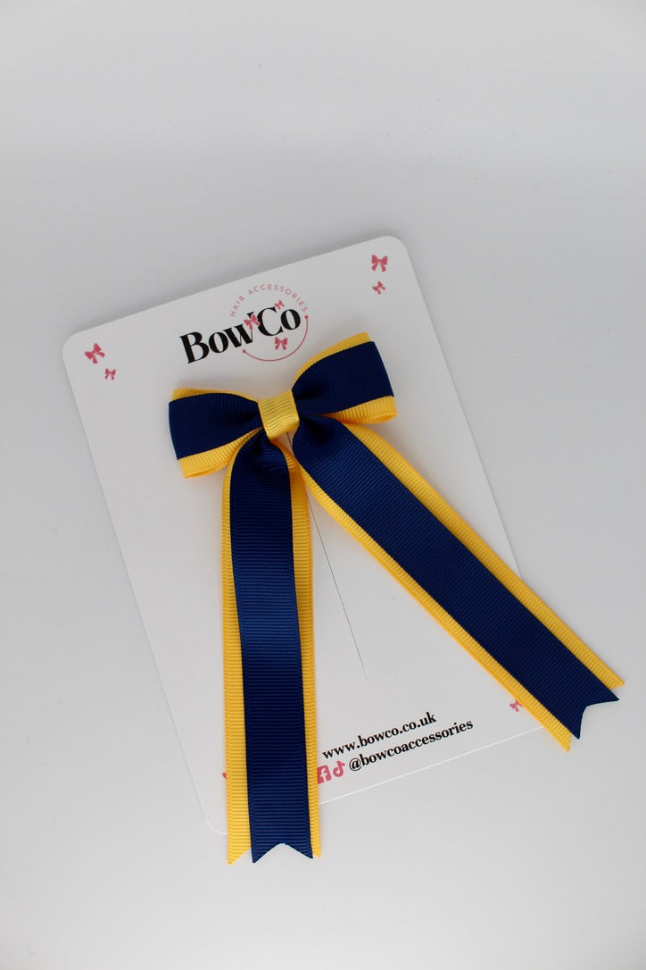 Tuxedo Tails School Hair Bow – Clip - Navy and Yellow Gold