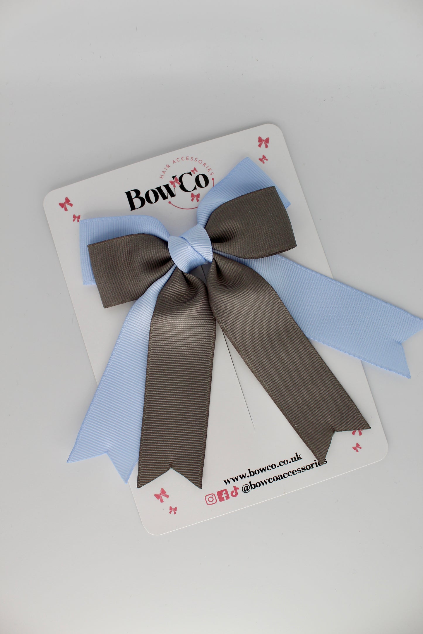 Double Ribbon Tail School Hair Bow – Clip - Bluebell and Metal Grey