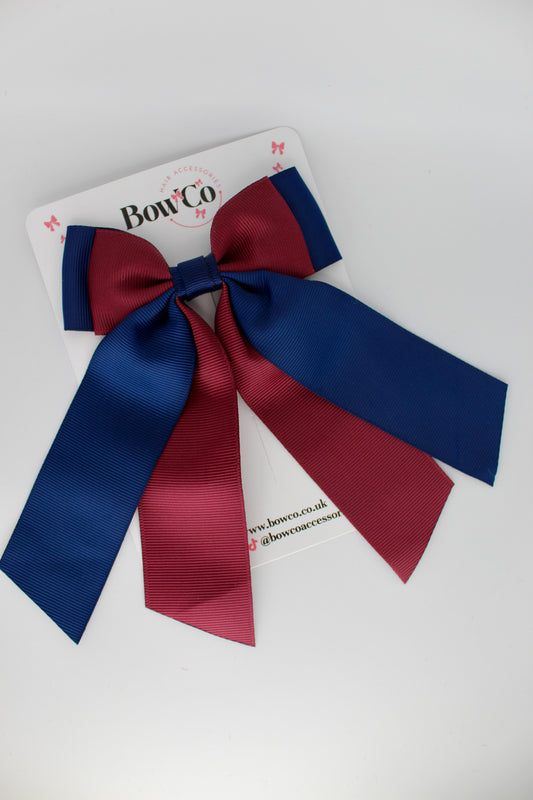 Double Layer Tail Bow - Clip - Navy Blue and Burgundy
