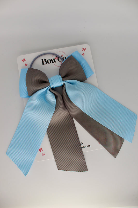 Double Layer Tail Bow – Elastic - Blue Topaz and Metal Grey