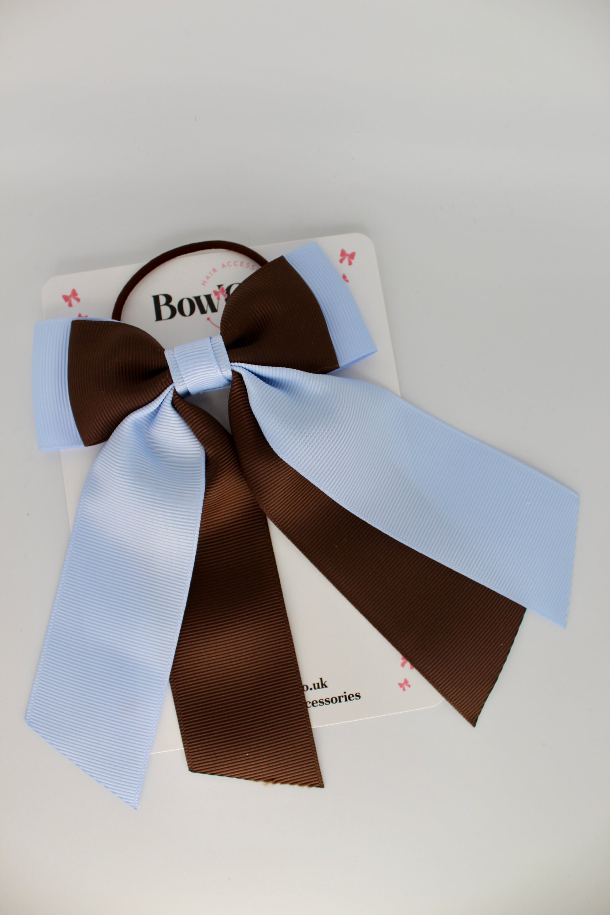 Double Layer Tail Bow – Elastic - Bluebell and Brown