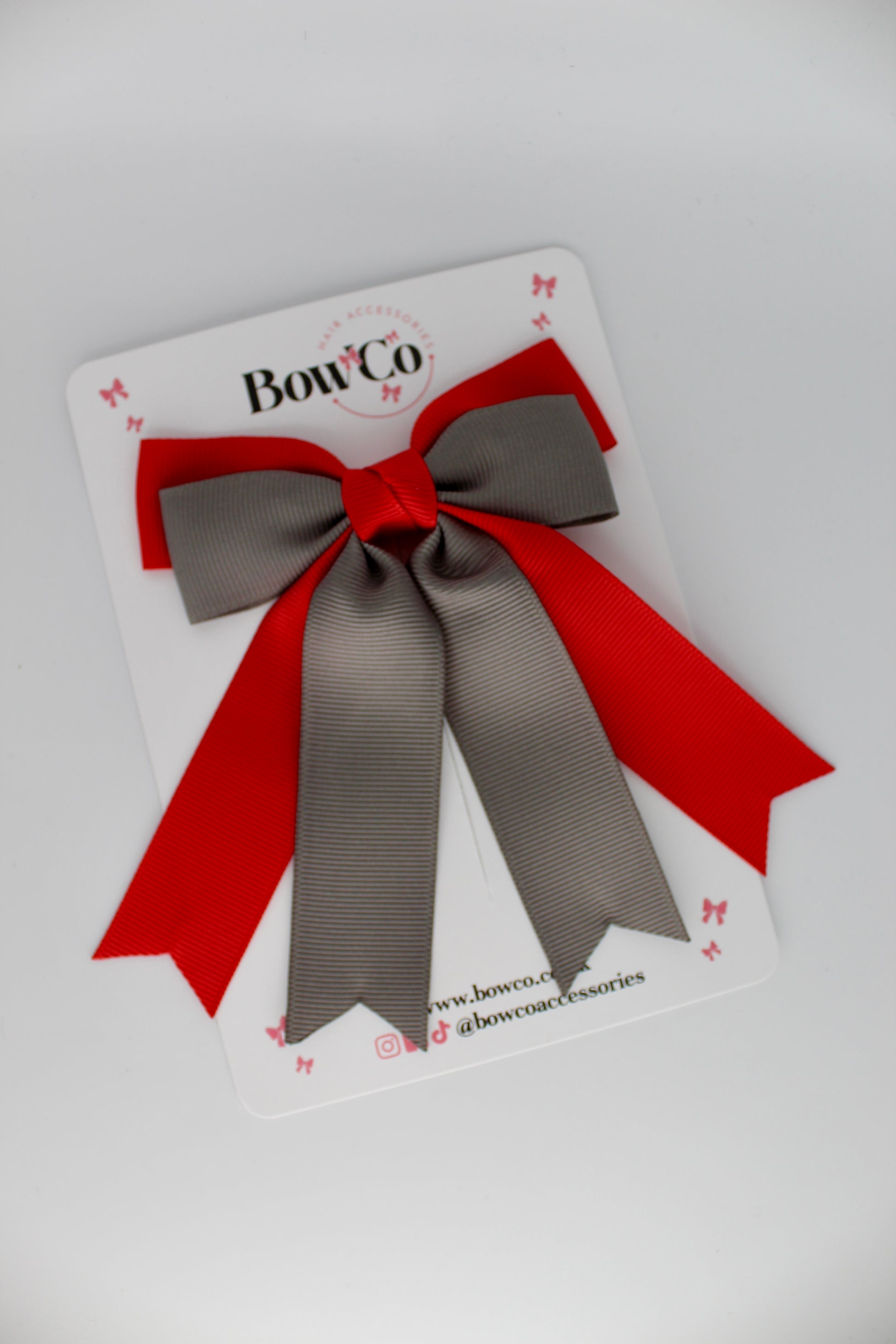 Double Ribbon Tail School Hair Bow – Clip - Red and Metal Grey