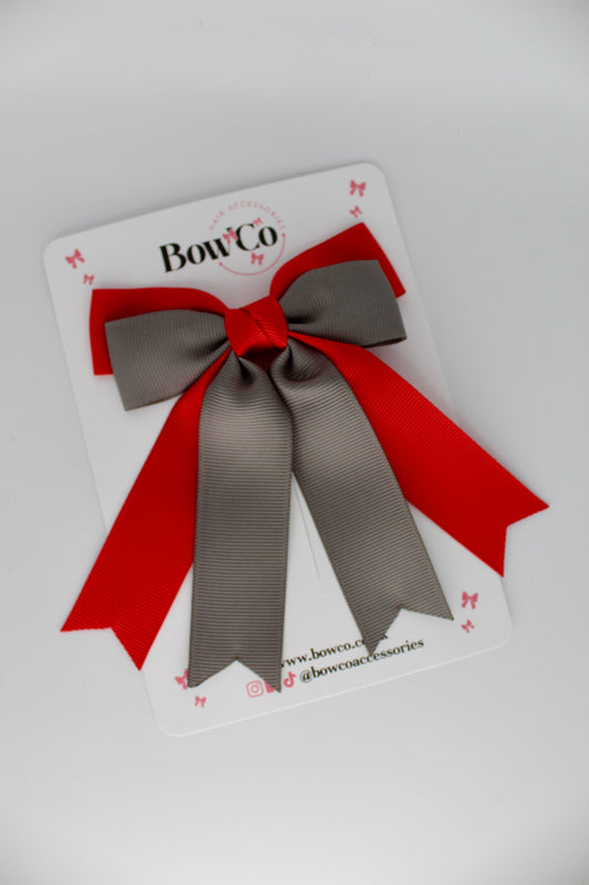 Double Ribbon Tail School Hair Bow – Clip - Red and Metal Grey
