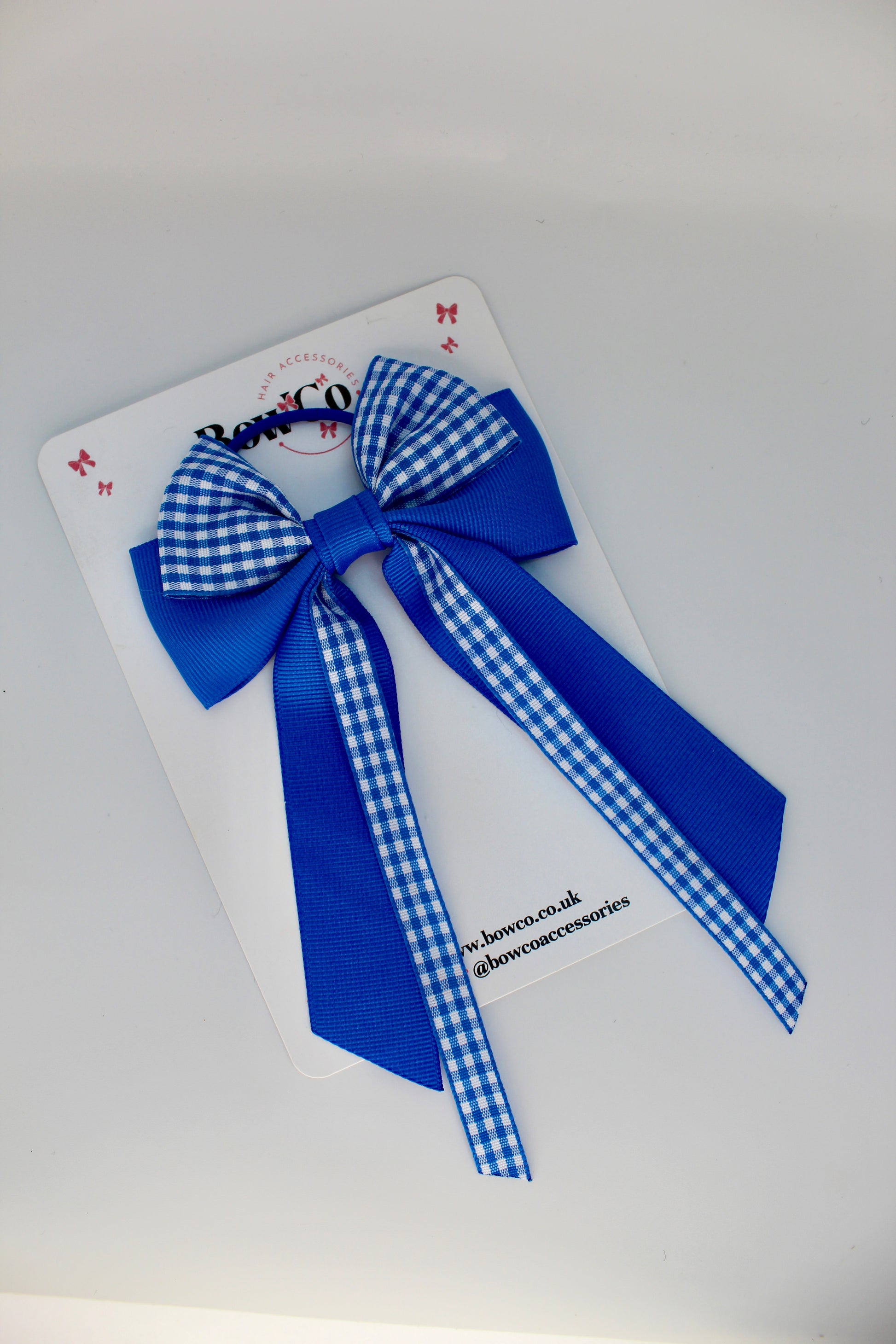 Streamer Tail School Hair Bow - Royal Blue Gingham - Elastic