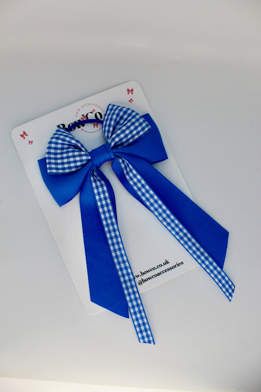 Streamer Tail School Hair Bow - Royal Blue Gingham - Elastic