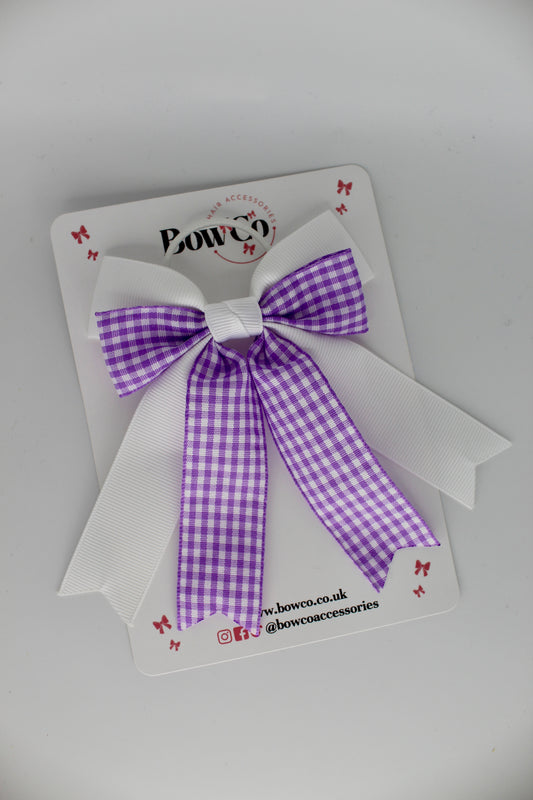 Double Ribbon Tail Bow - Lilac Gingham - Elastic