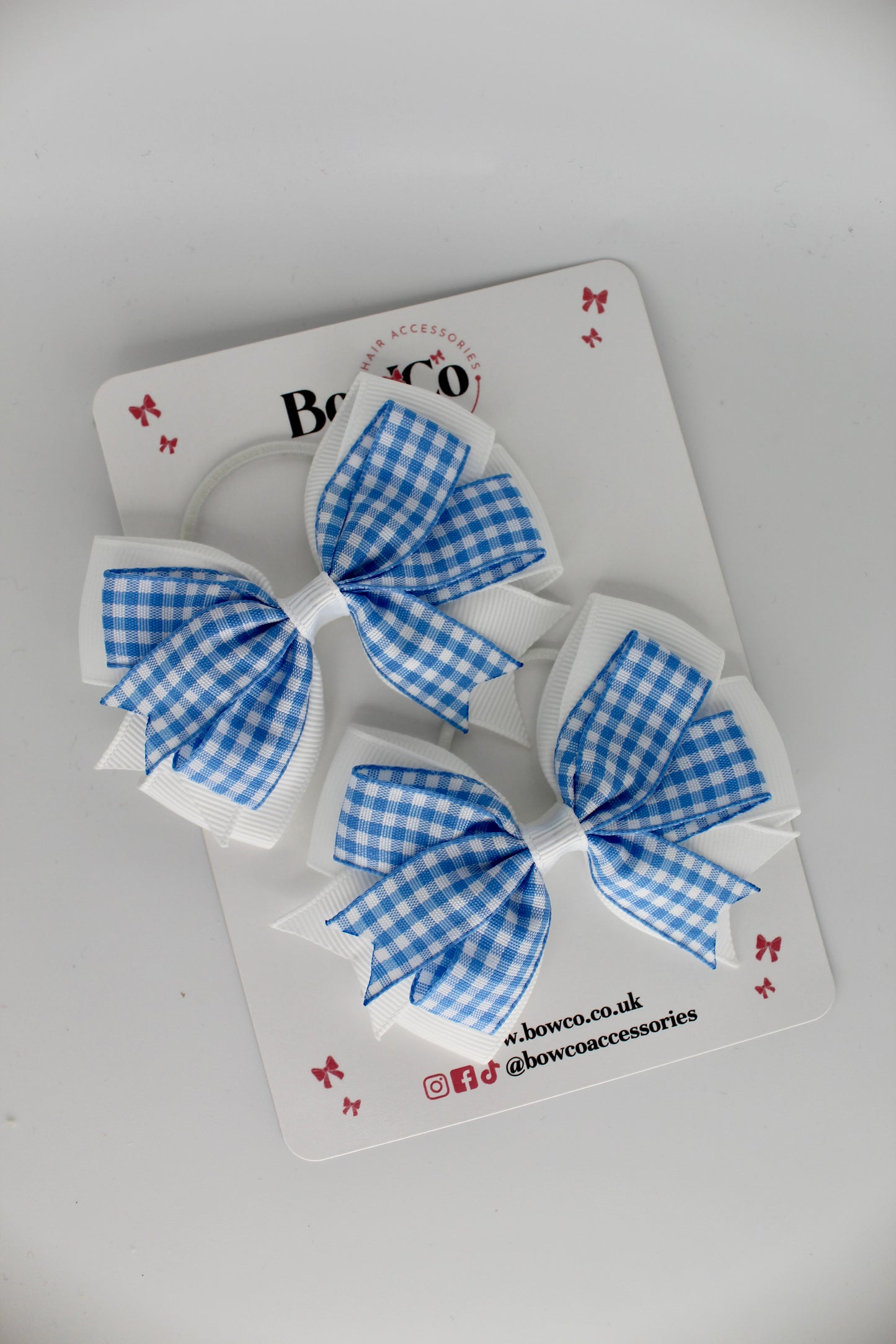 Double Tail Bow Set - Light Blue Gingham - Elastic