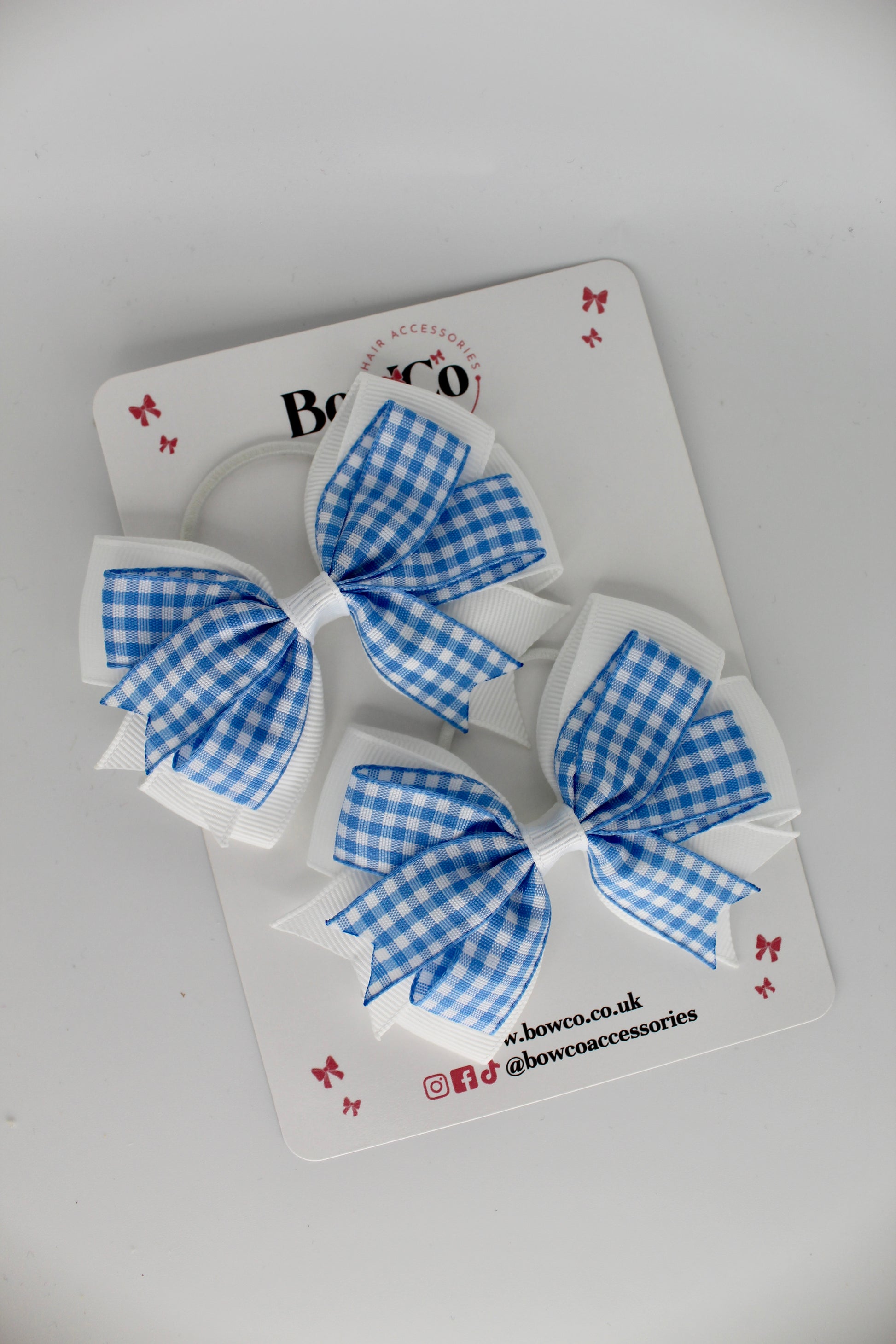Double Tail Bow Set - Light Blue Gingham - Elastic
