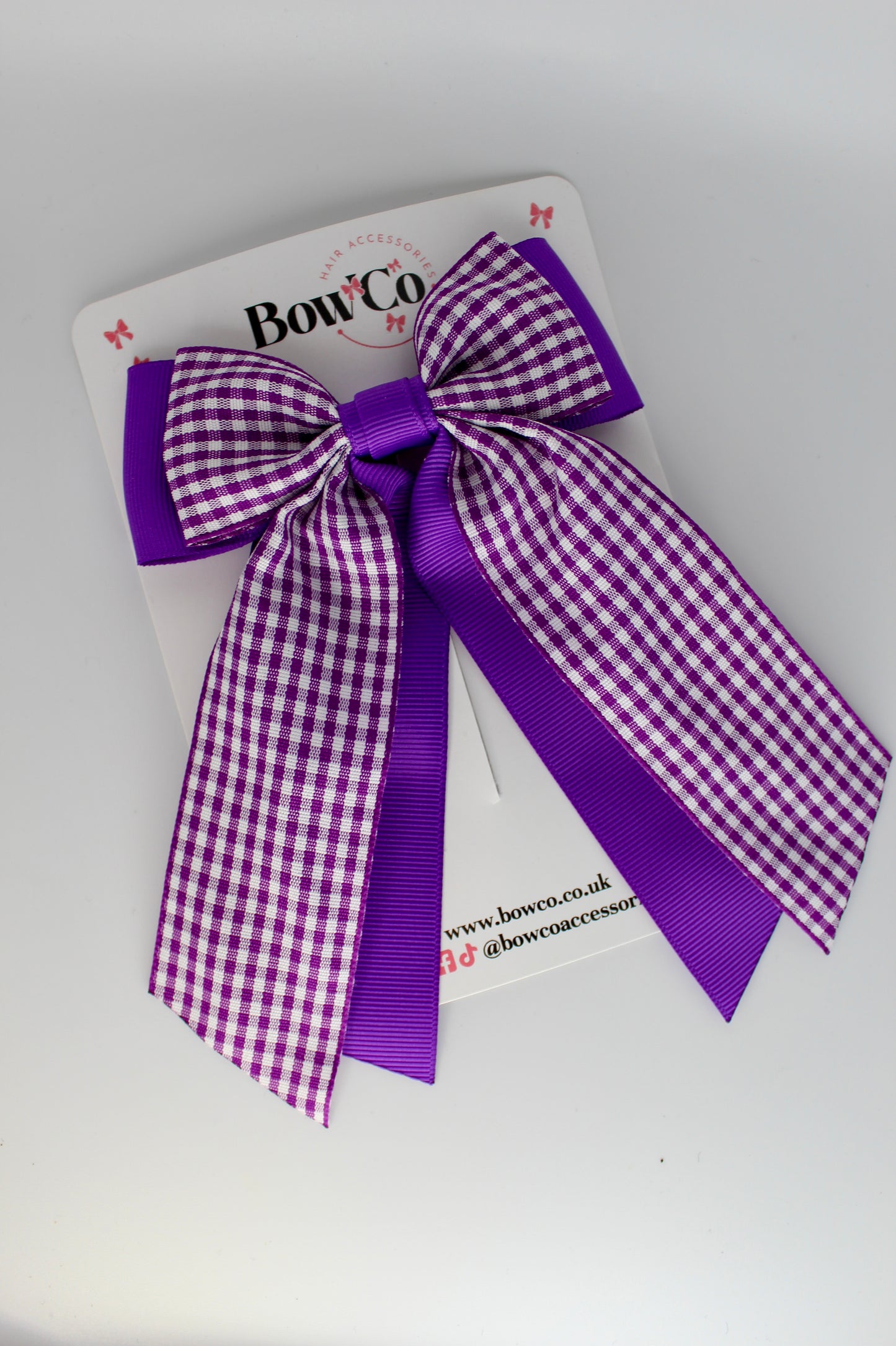 School Purple Gingham Double Layer Tail Bow - Clip