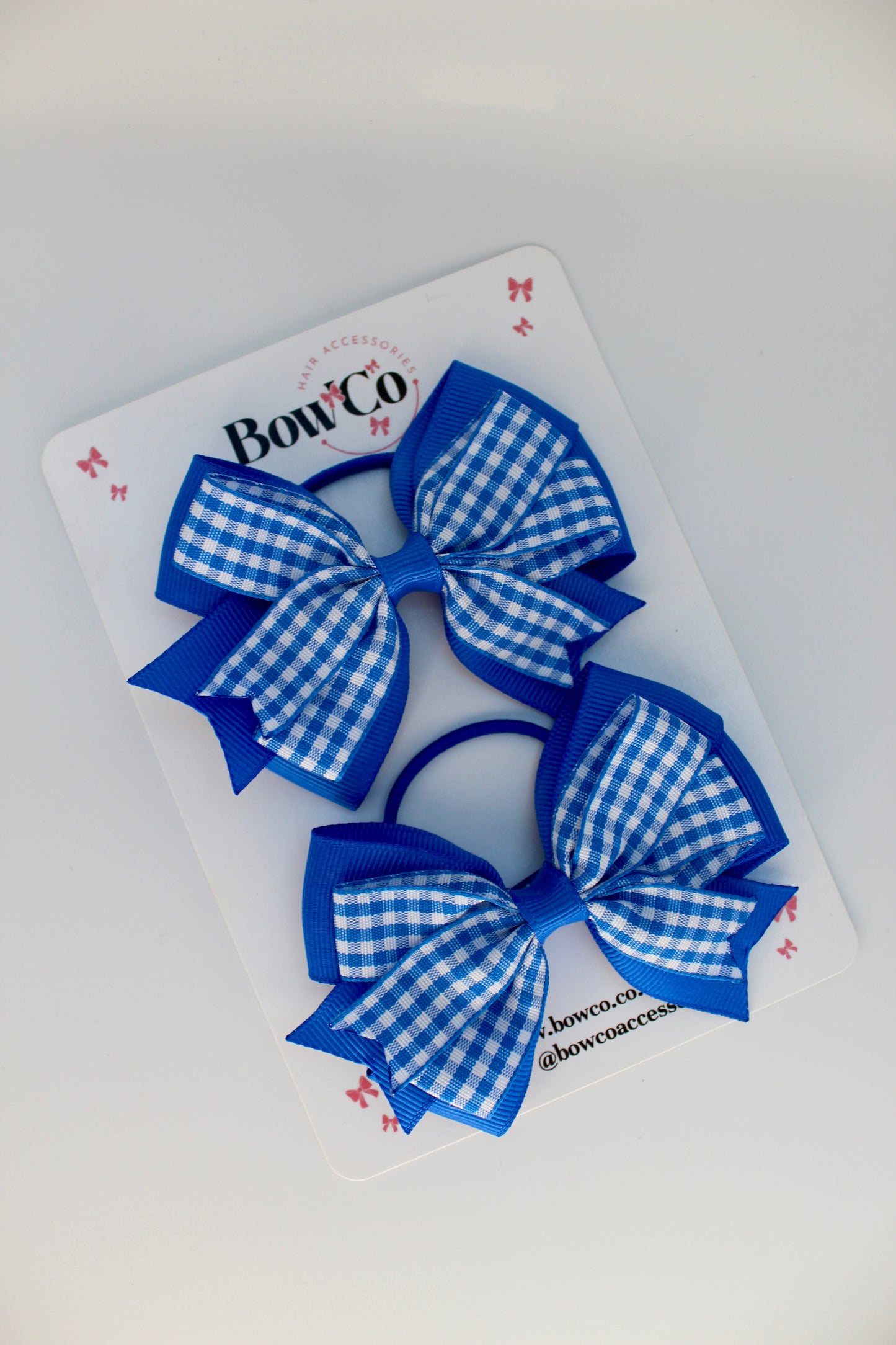 School Royal Blue Bow Gingham - Double Tail Bow Set - Elastic