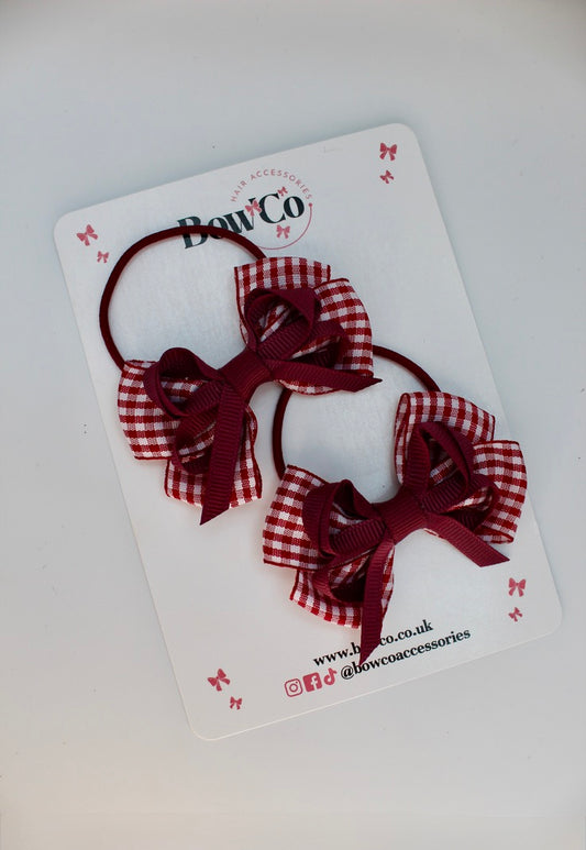 School Bow Burgundy Gingham Double Bow Set - Elastic