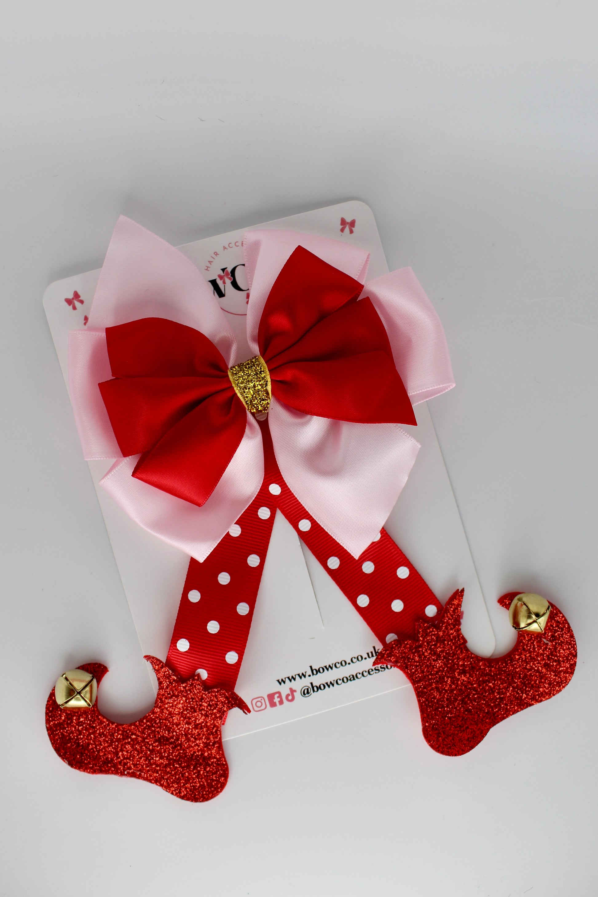 Pink & Red Polka Dot Elf Boot Bow