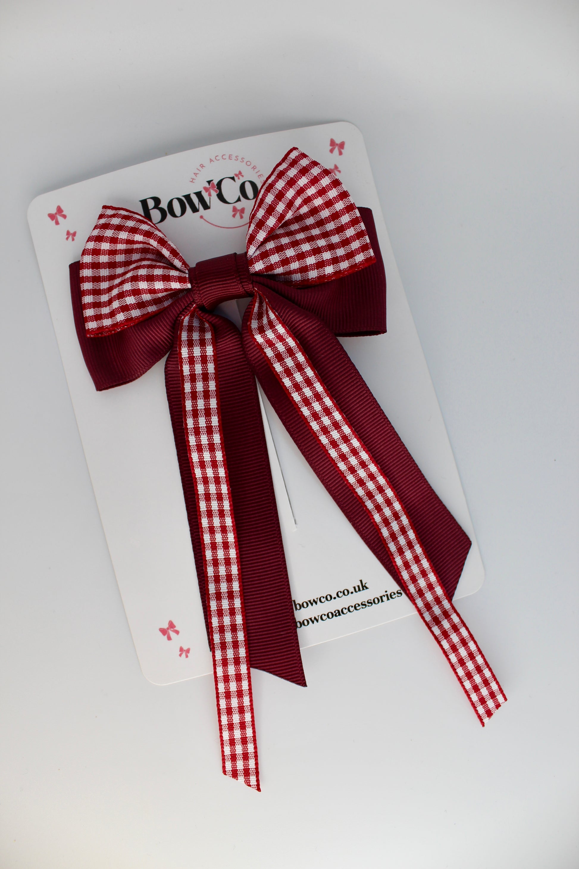 School Burgundy Gingham Streamer Tail Bow - Clip