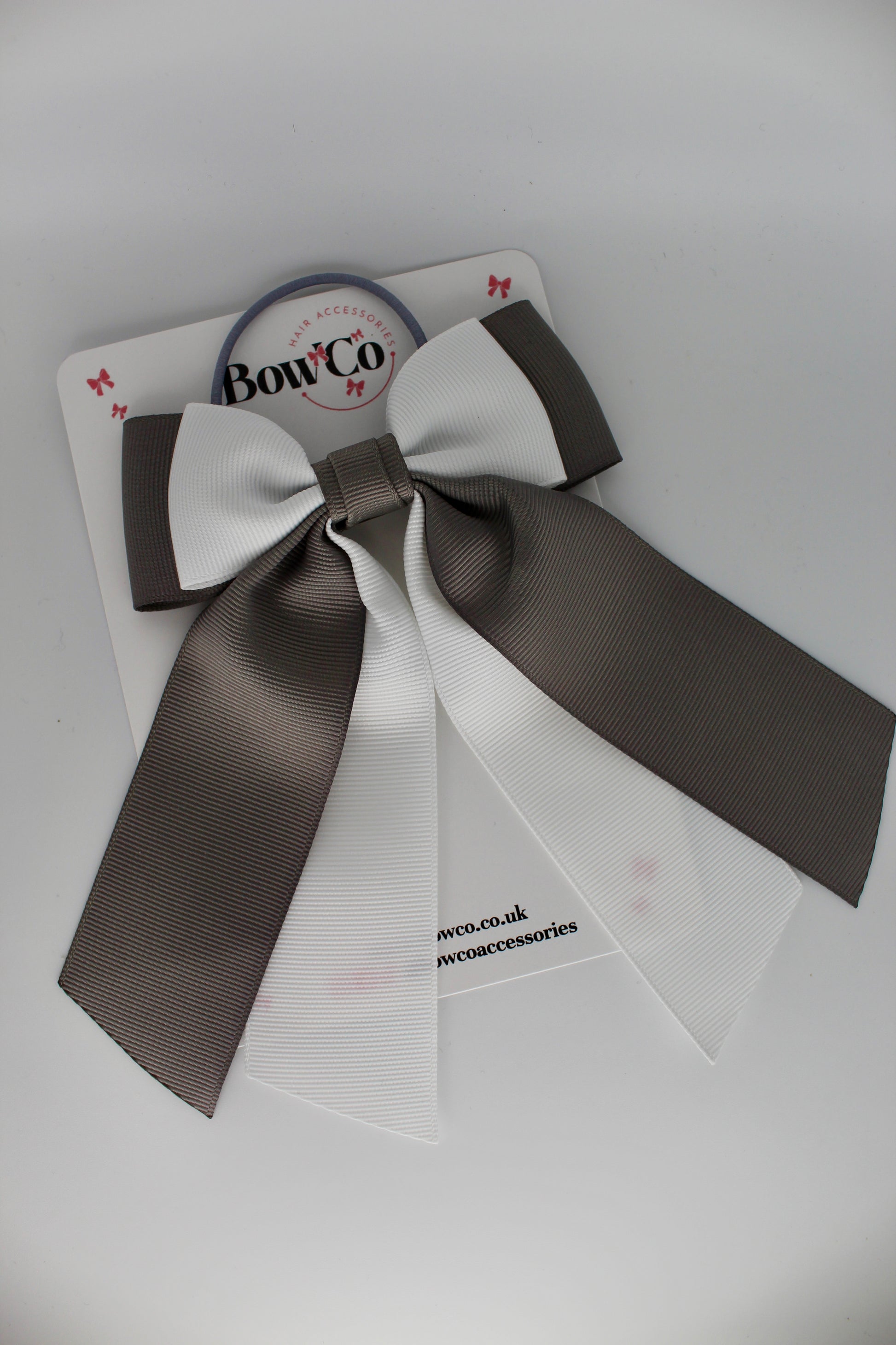 Double Layer Tail Bow – Elastic - Metal Grey and White