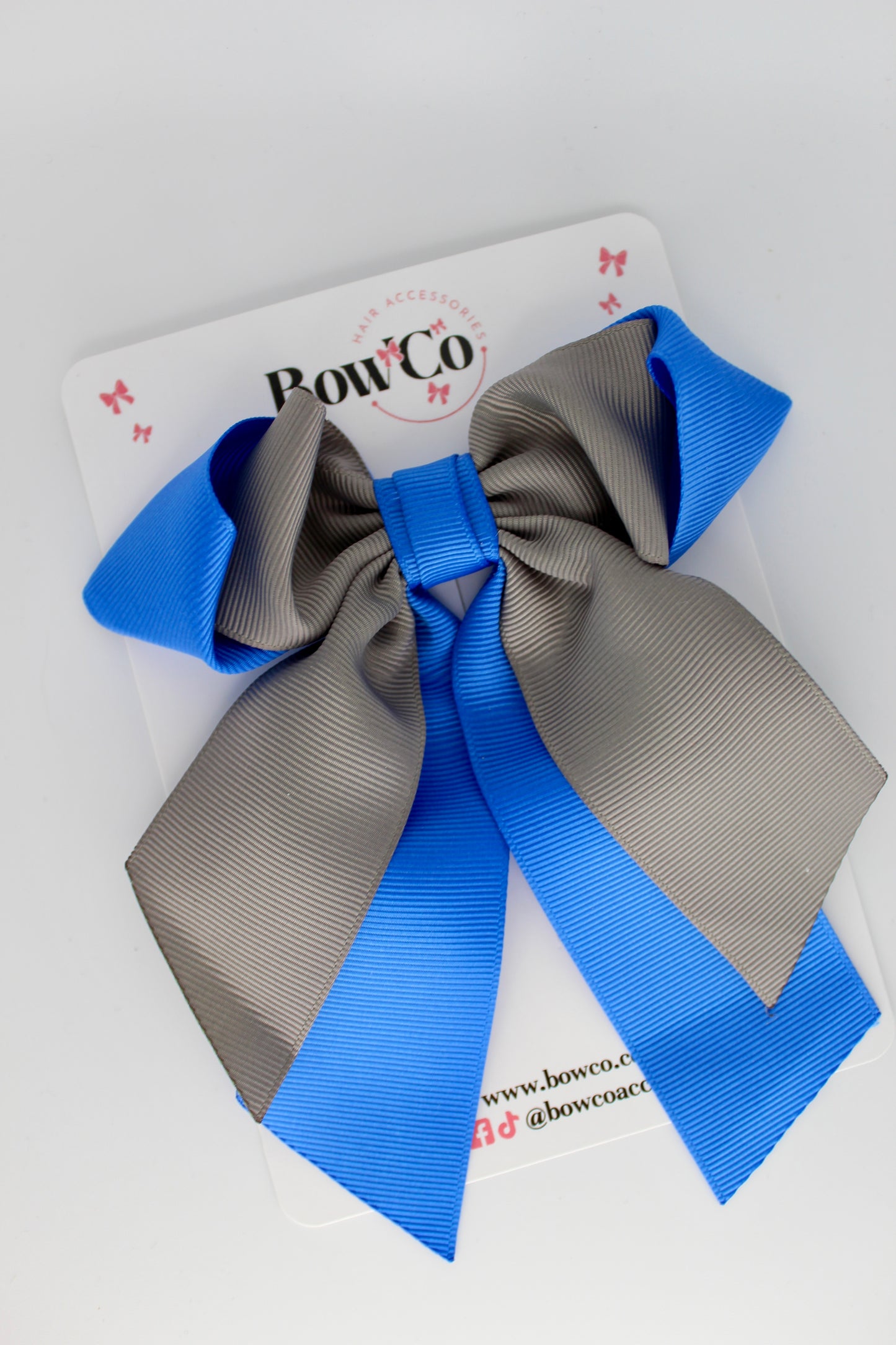 Layer Loop Tail Hair Bow - Clip - Royal Blue and Metal Grey