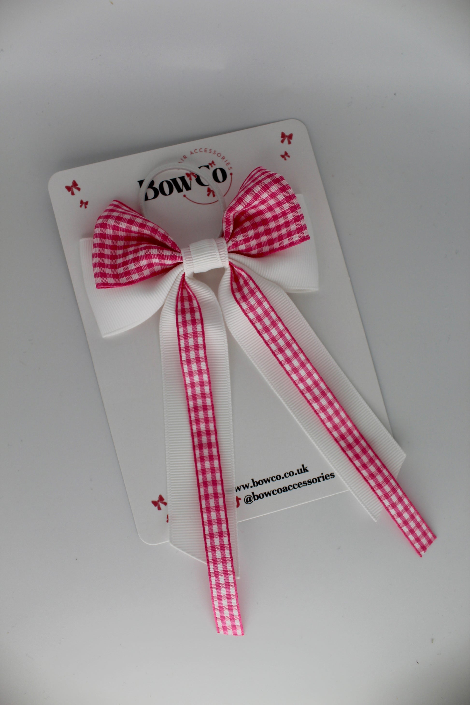 Streamer Tail Bow - Pink Gingham - Elastic