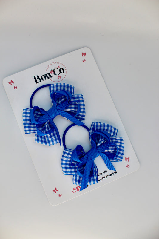 School Bow Royal Blue Gingham Double Bow Set - Elastic