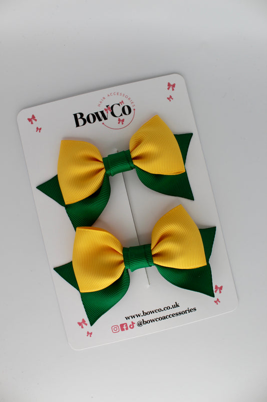Double Knot Bow Tail Set - Clip - Forest Green and Yellow Gold