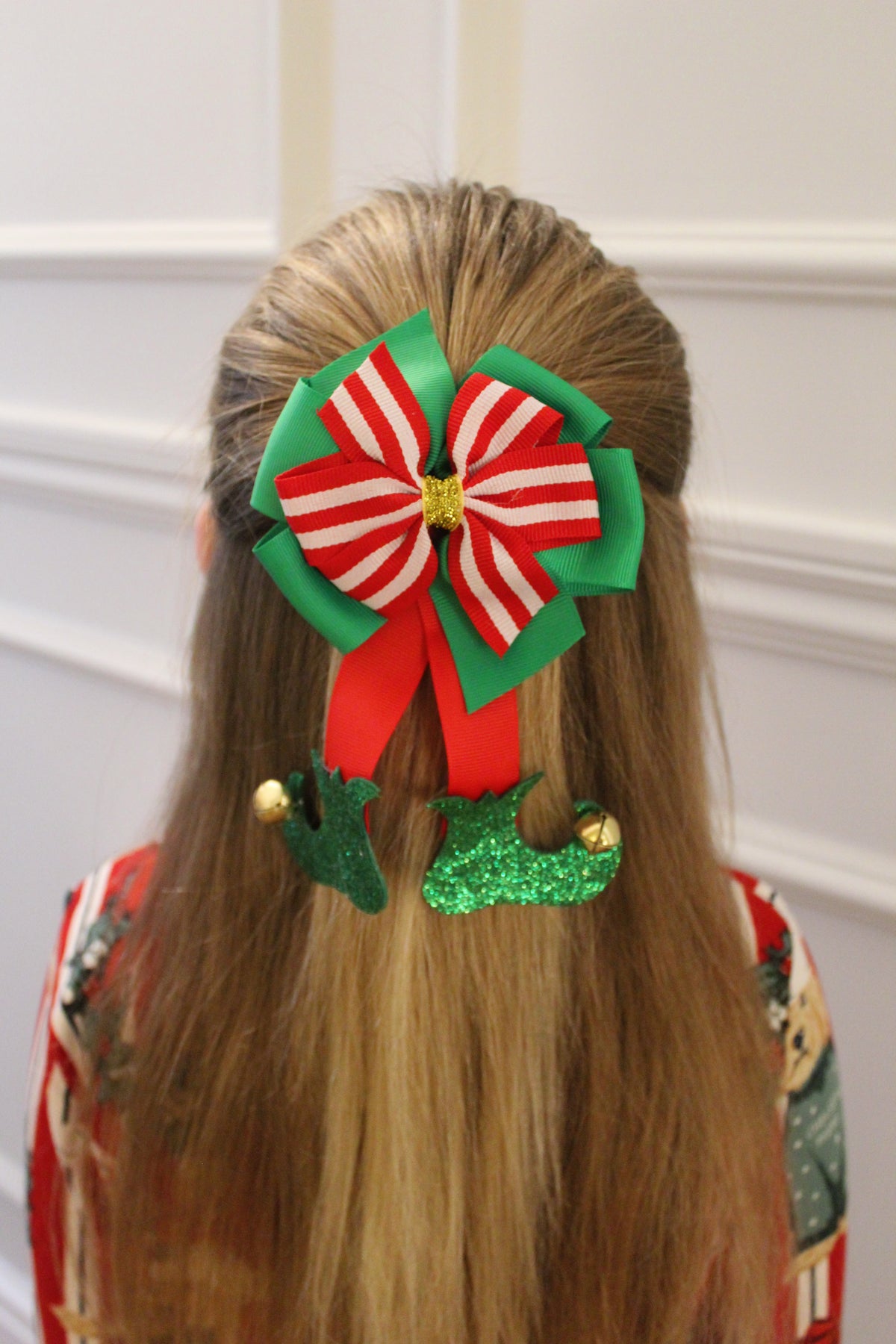 Candy Red, White & Christmas Green Elf Boot Bow