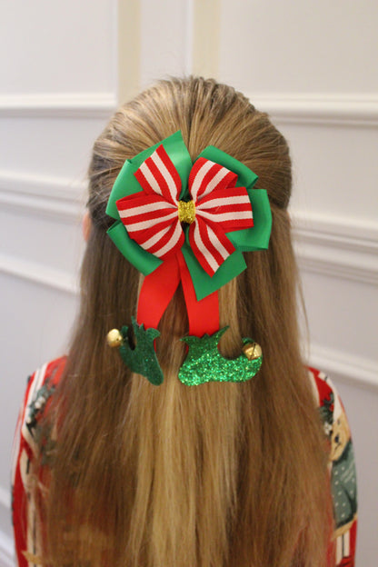 Candy Red, White & Christmas Green Elf Boot Bow