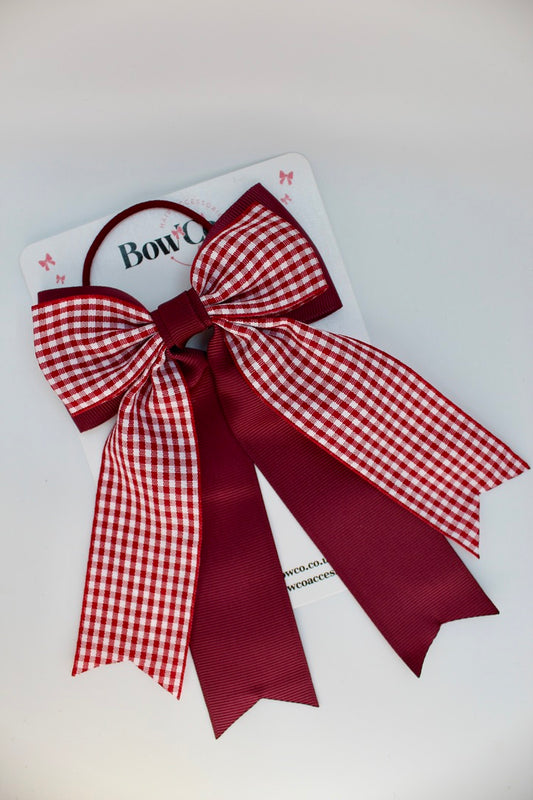 School Bow Burgundy Gingham Classic Tail Bow - Elastic