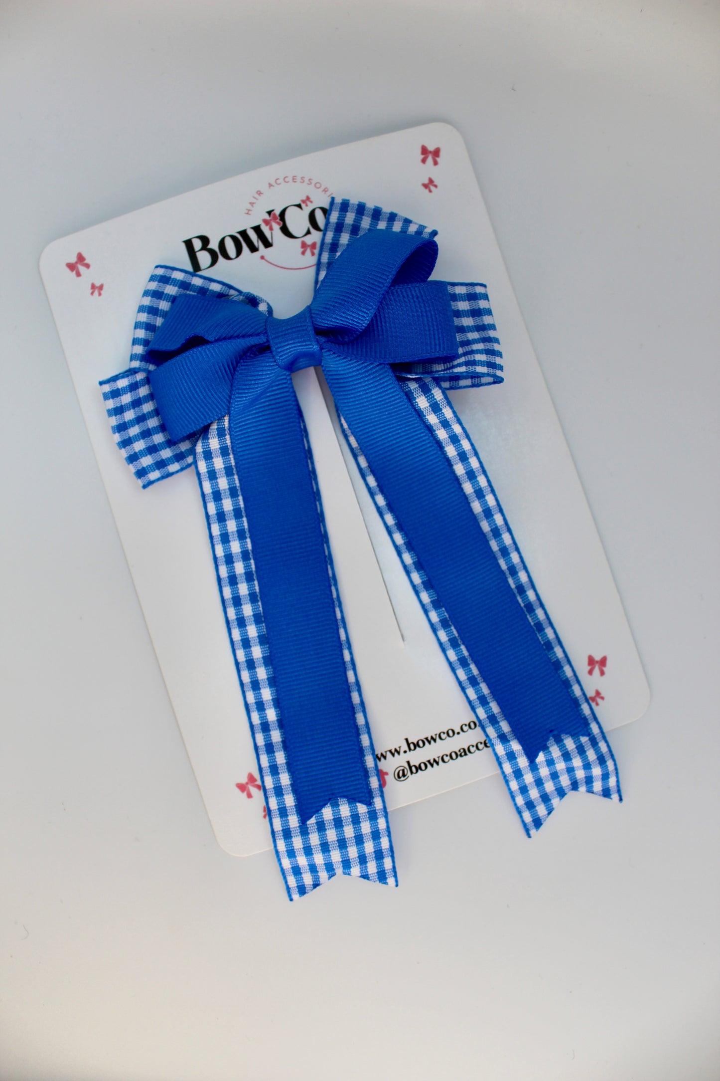 School Royal Blue Gingham Tail Bow Clip