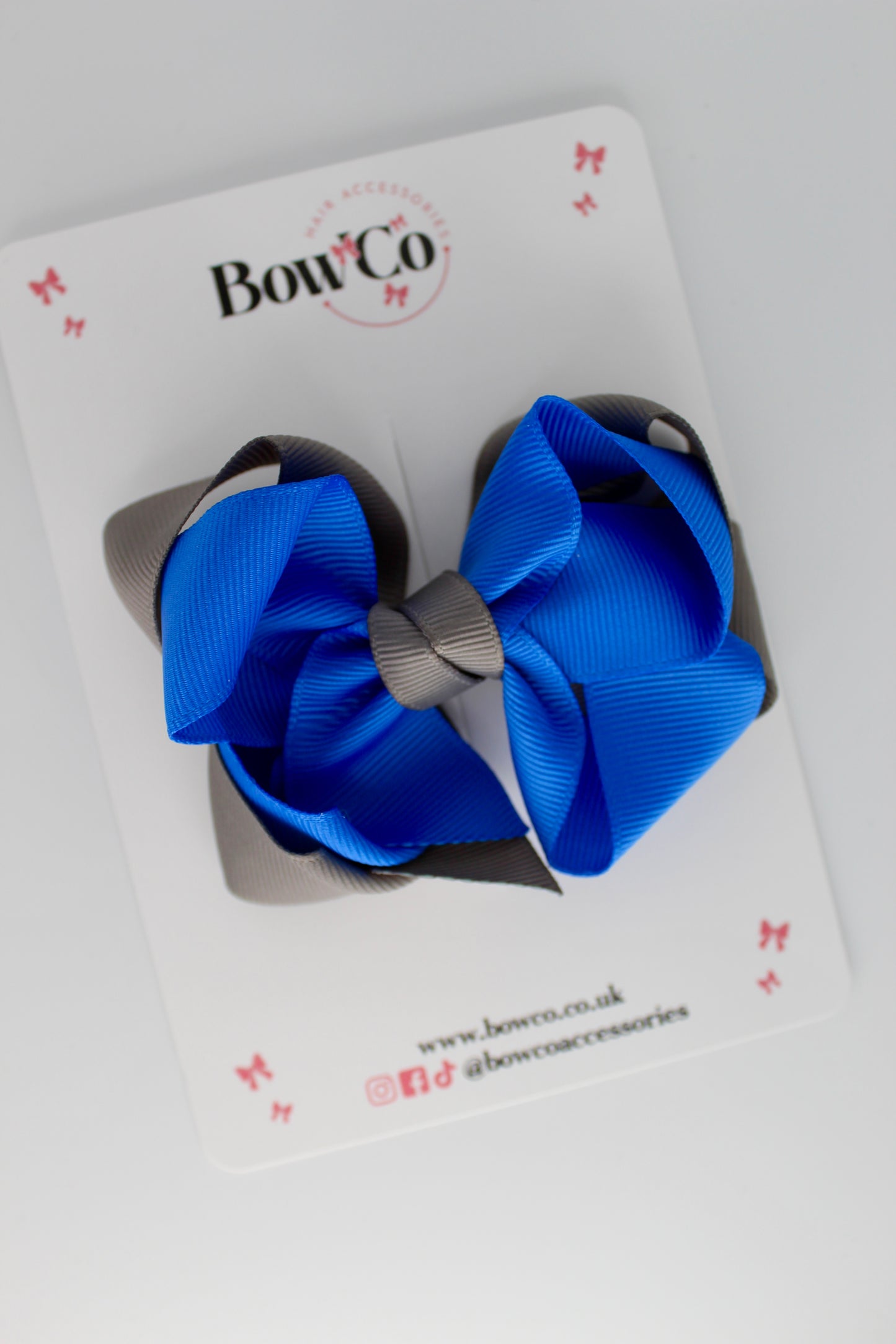 Double Loop School Hair Bow - Royal Blue and Metal Grey