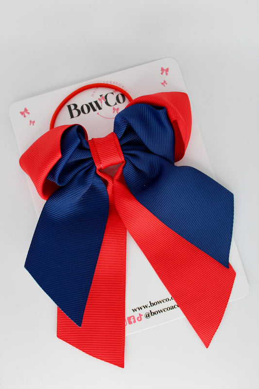 Layer Loop Tail Hair Bow - Elastic - Red and Navy Blue