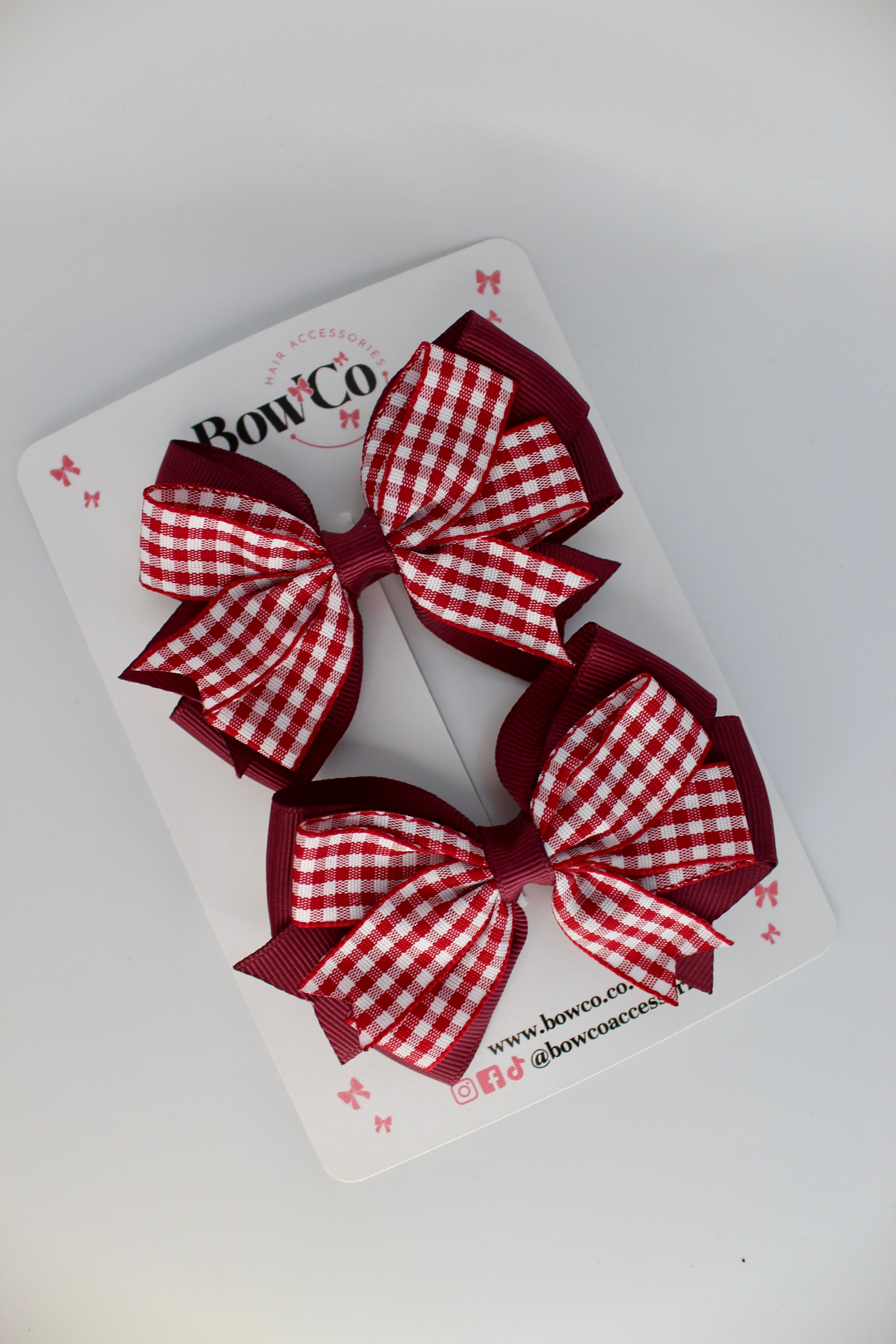 School Burgundy Bow Gingham Double Tail Bow Set - Clip