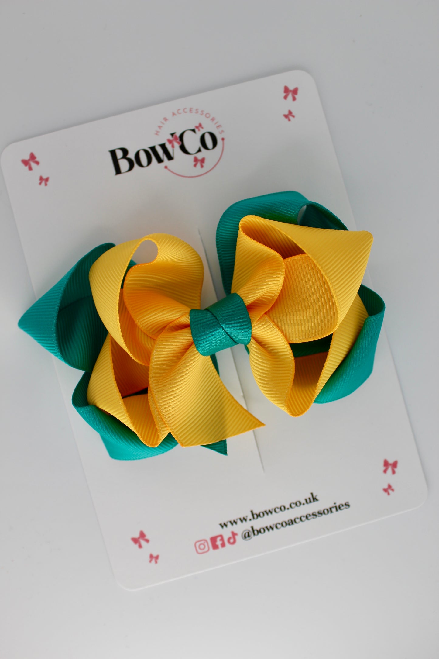 Double Loop School Hair Bow - Clip - Jade Green and Yellow Gold
