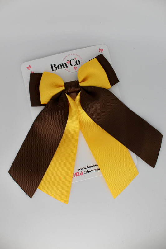 Double Layer Tail Bow - Clip - Brown and Yellow Gold