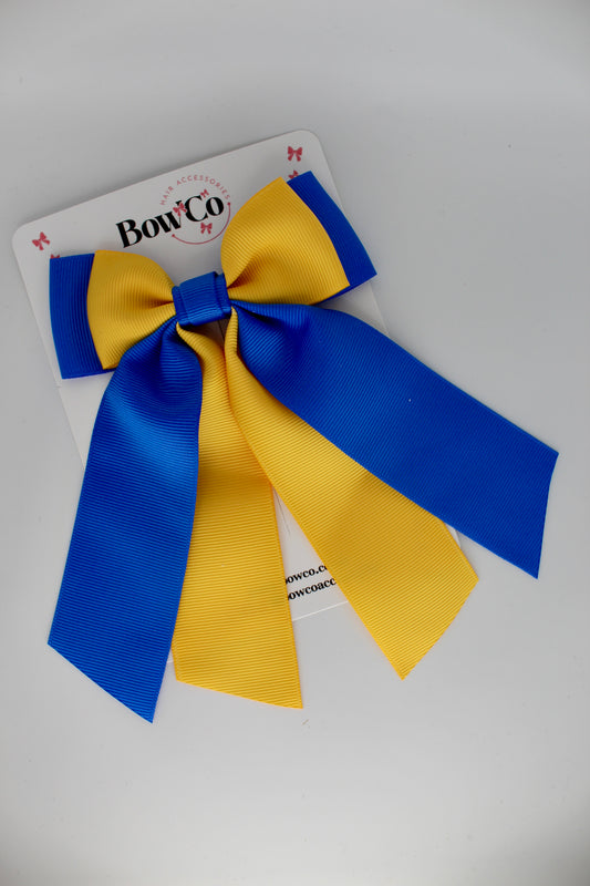 Double Layer Tail Bow - Clip - Royal Blue and Yellow Gold