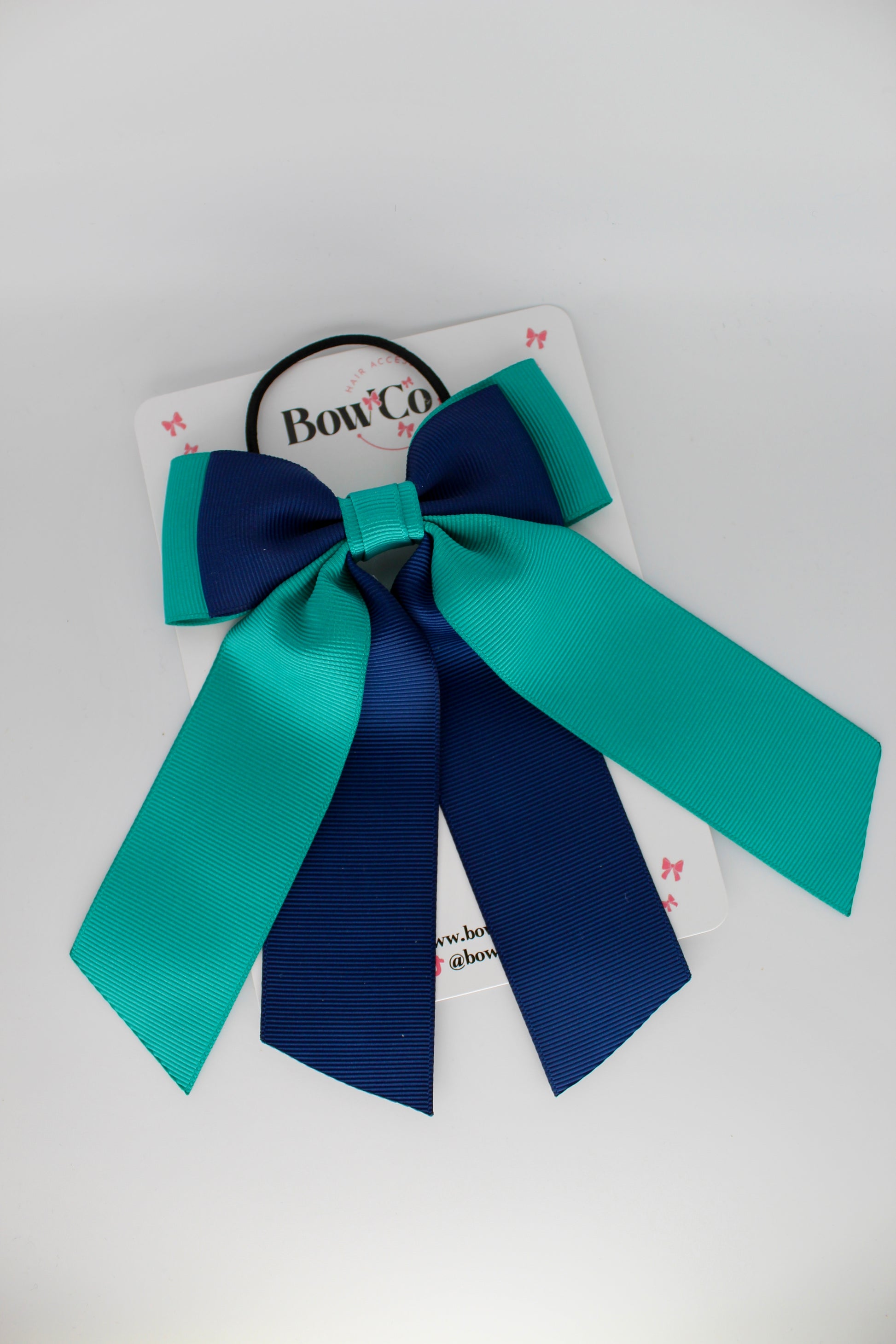 Double Layer Tail Bow – Elastic - Jade Green and Navy Blue