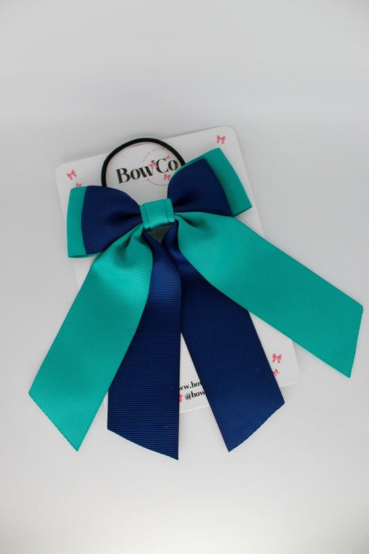 Double Layer Tail Bow – Elastic - Jade Green and Navy Blue