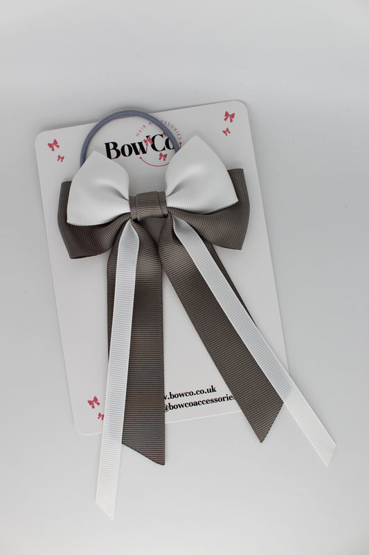 Streamer Tail School Hair Bow – Elastic - Metal Grey and White