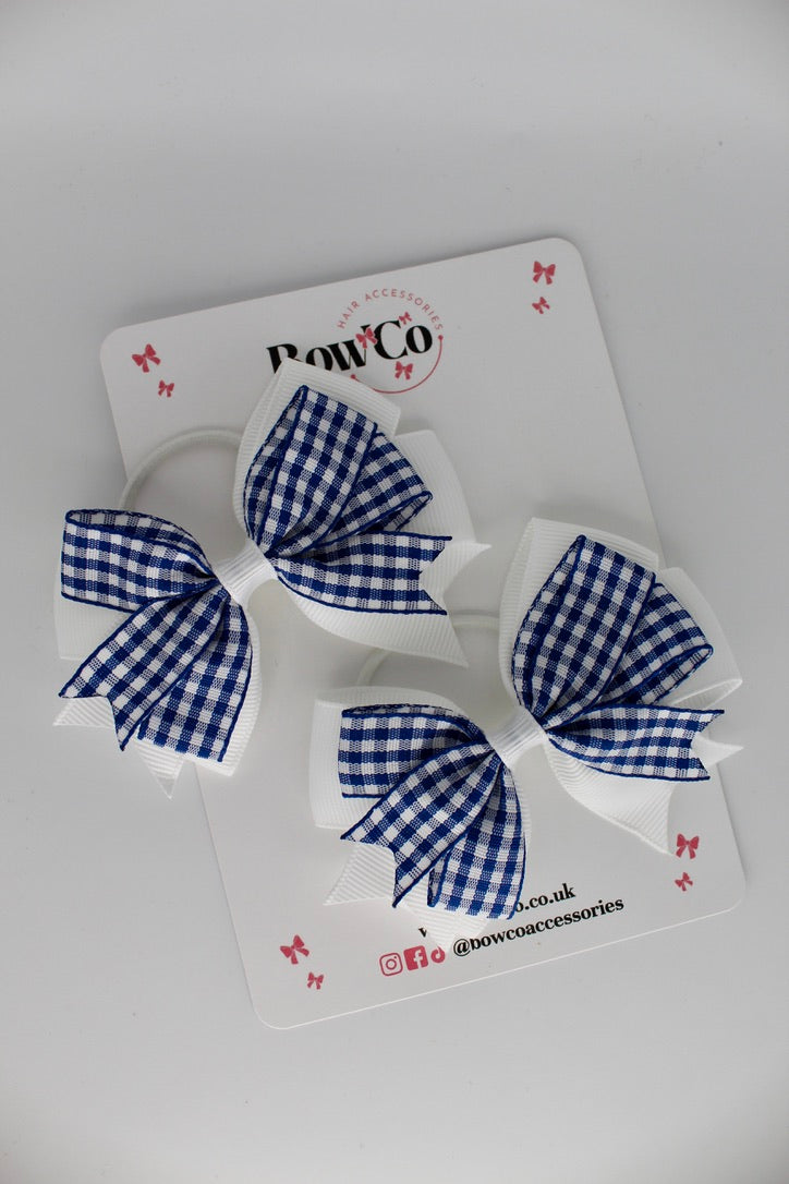 Double Tail Bow Set - Navy Blue Gingham - Elastic