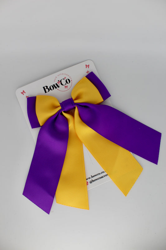 Double Layer Tail Bow - Clip - Purple and Yellow Gold