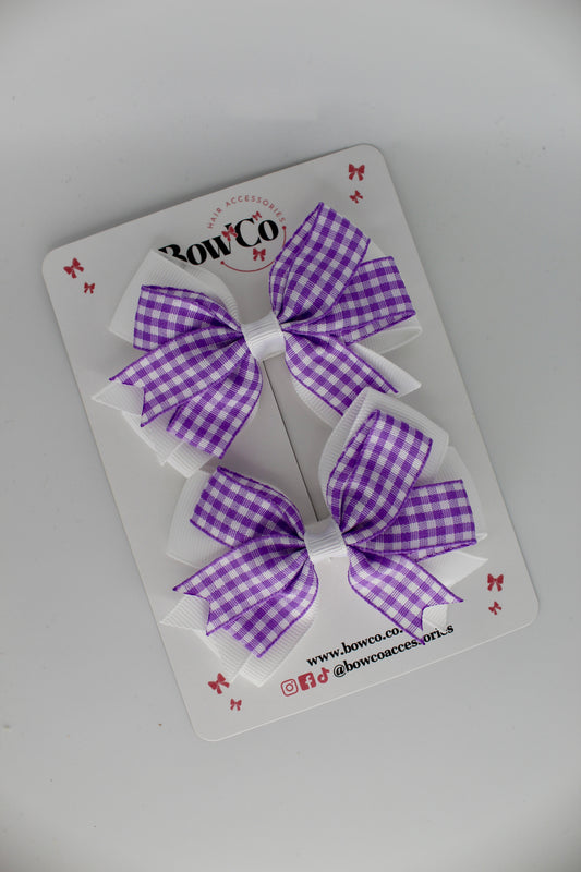 Double Tail Bow Set - Lilac Gingham - Clip