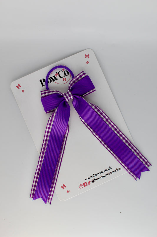 Tuxedo Tail Bow - School Bow Purple Gingham - Elastic