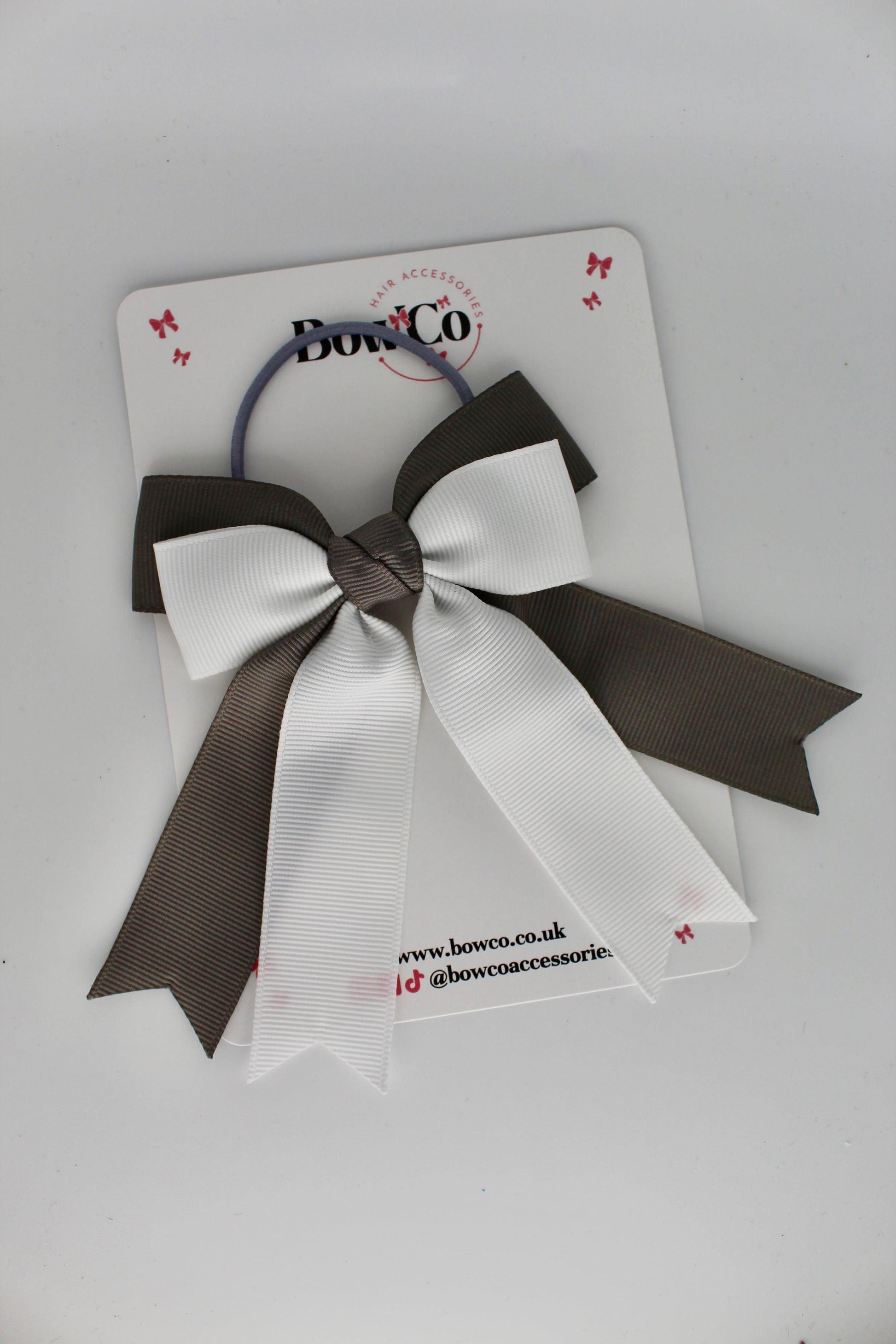 Double Ribbon Tail – Elastic - Metal Grey and White