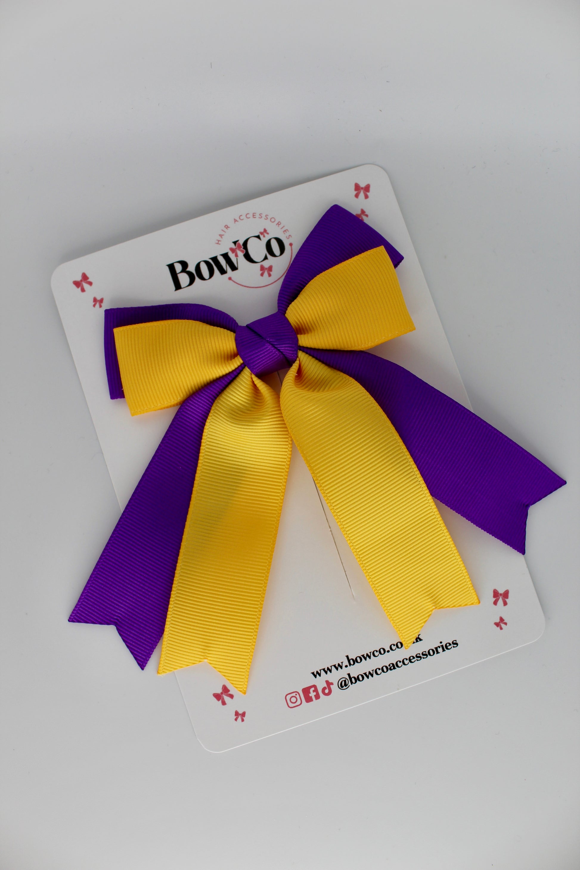 Double Ribbon Tail School Hair Bow – Clip - Purple and Yellow Gold