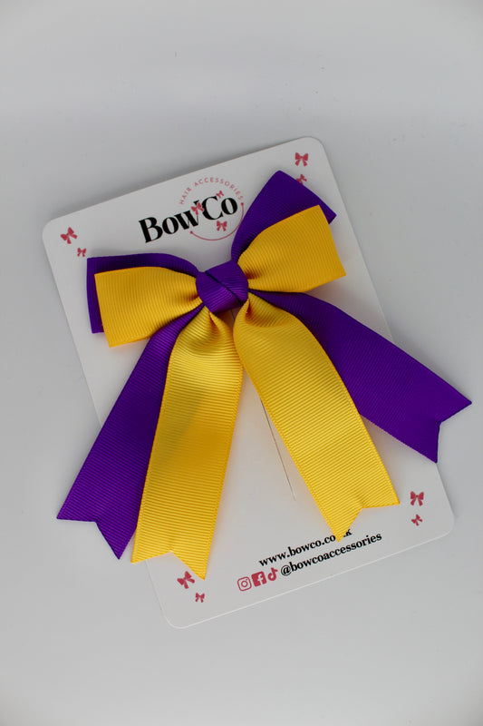 Double Ribbon Tail School Hair Bow – Clip - Purple and Yellow Gold