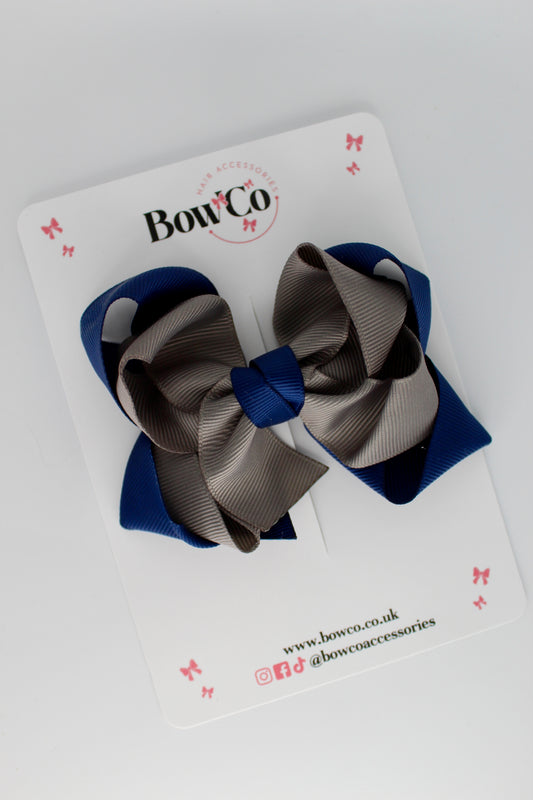 Double Loop School Hair Bow - Navy and Metal Grey