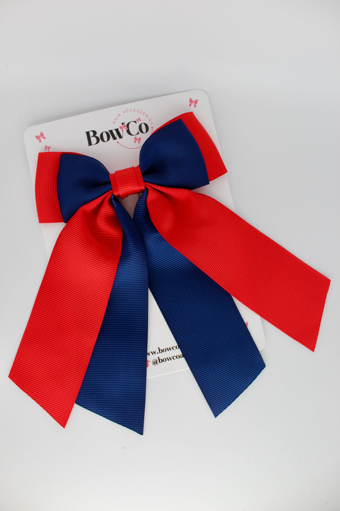 Double Layer Tail Bow - Clip - Red and Navy Blue