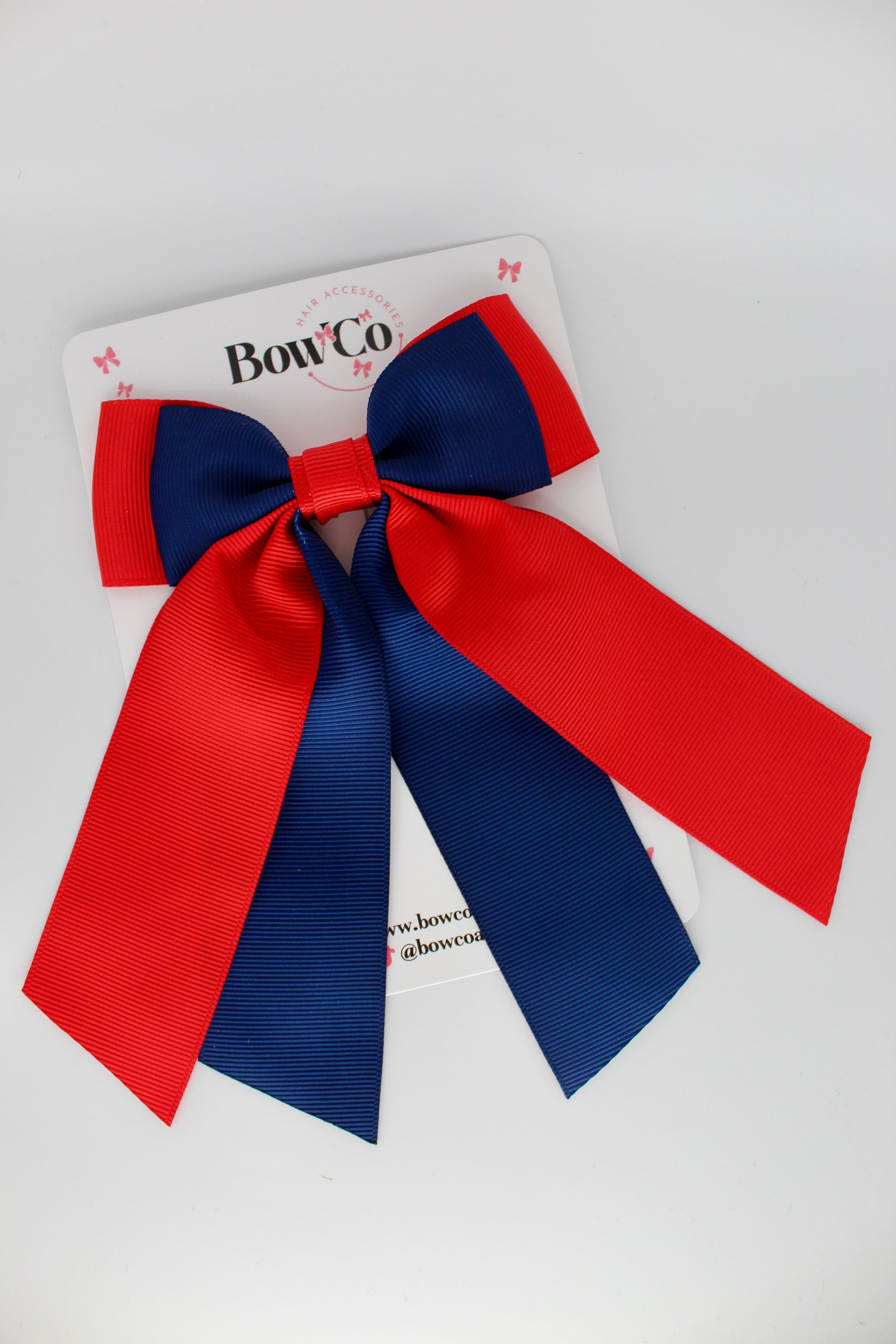 Double Layer Tail Bow - Clip - Red and Navy Blue