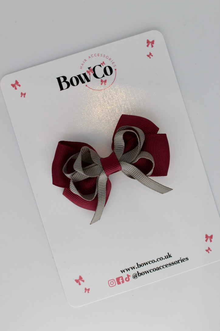 Burgundy and Metal Grey - Double Bow - Clip