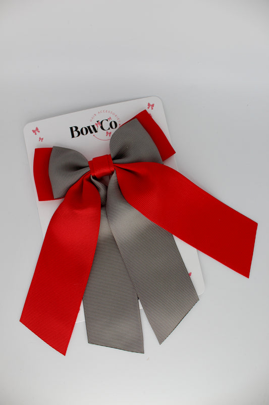 Double Layer Tail Bow - Clip - Red and Metal Grey