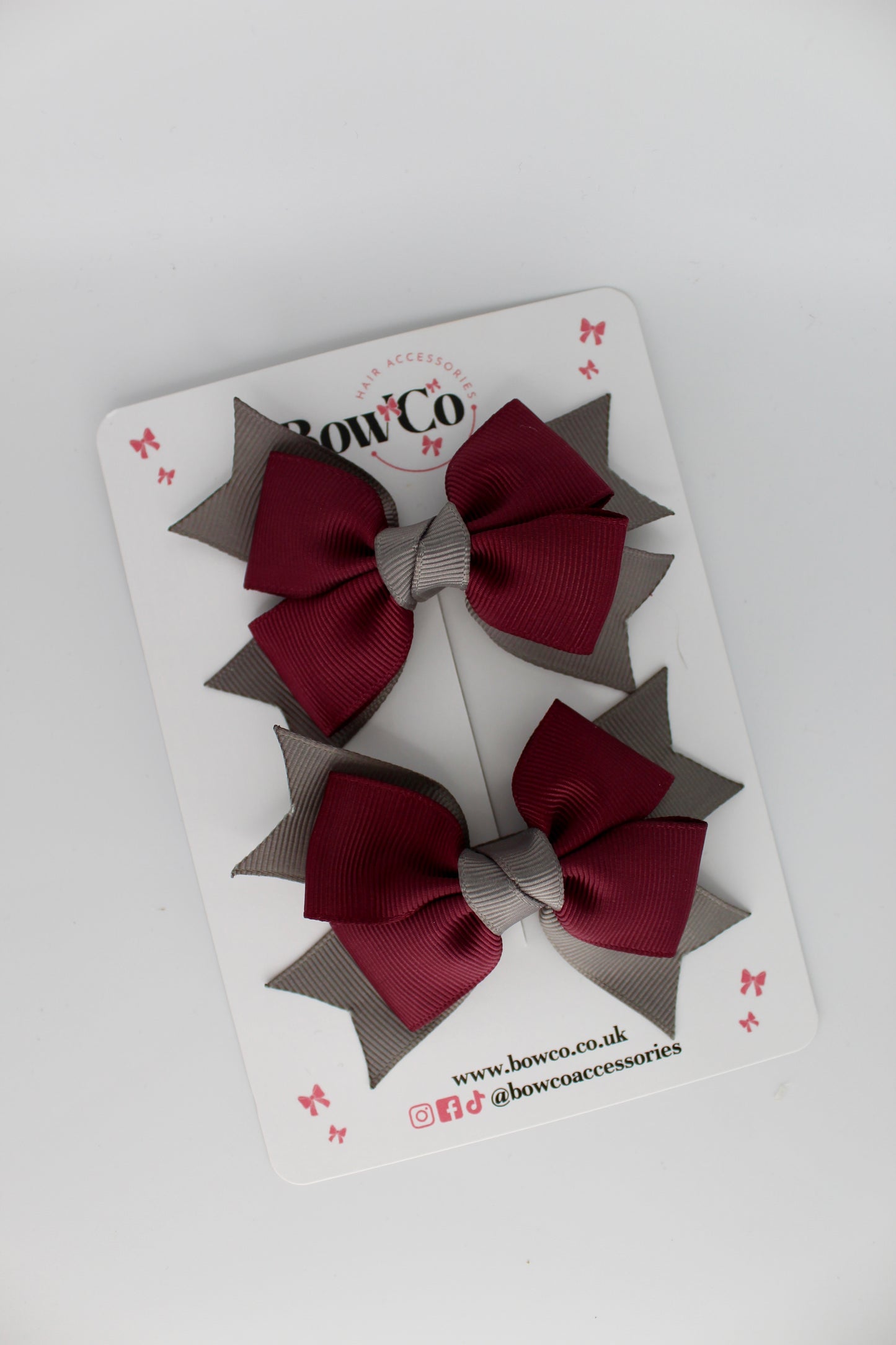 Knot Bow Set - Clip - Burgundy and Metal Grey