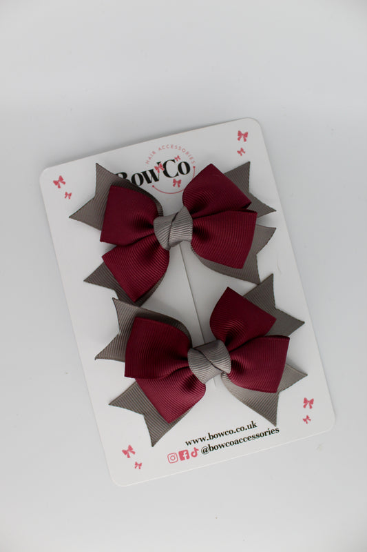 Knot Bow Set - Clip - Burgundy and Metal Grey