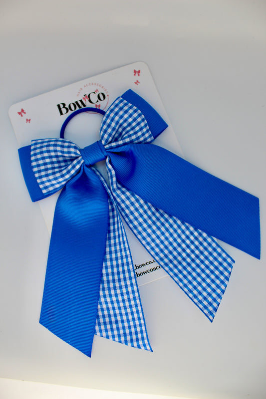 Double Layer Tail Bow - School Bow Royal Blue Gingham - Elastic